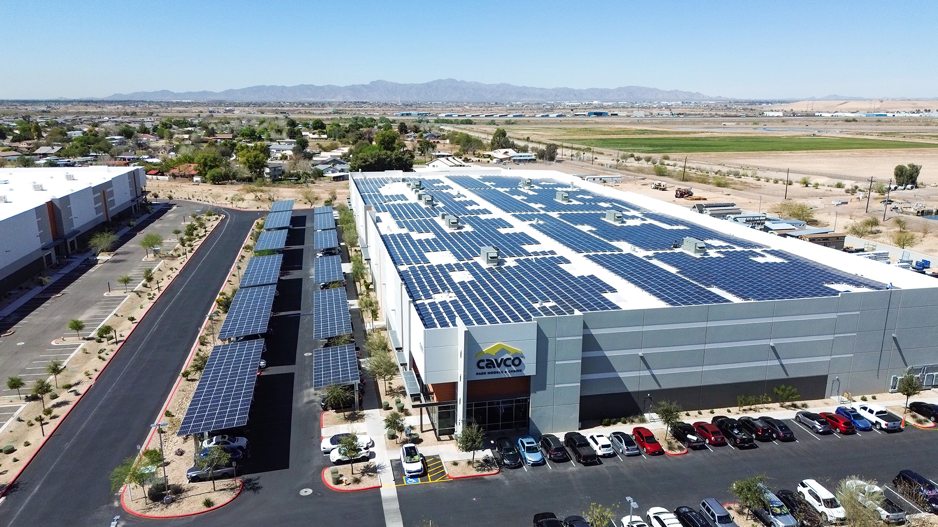 Cavco manufacturing Ariel image with solar panels on top